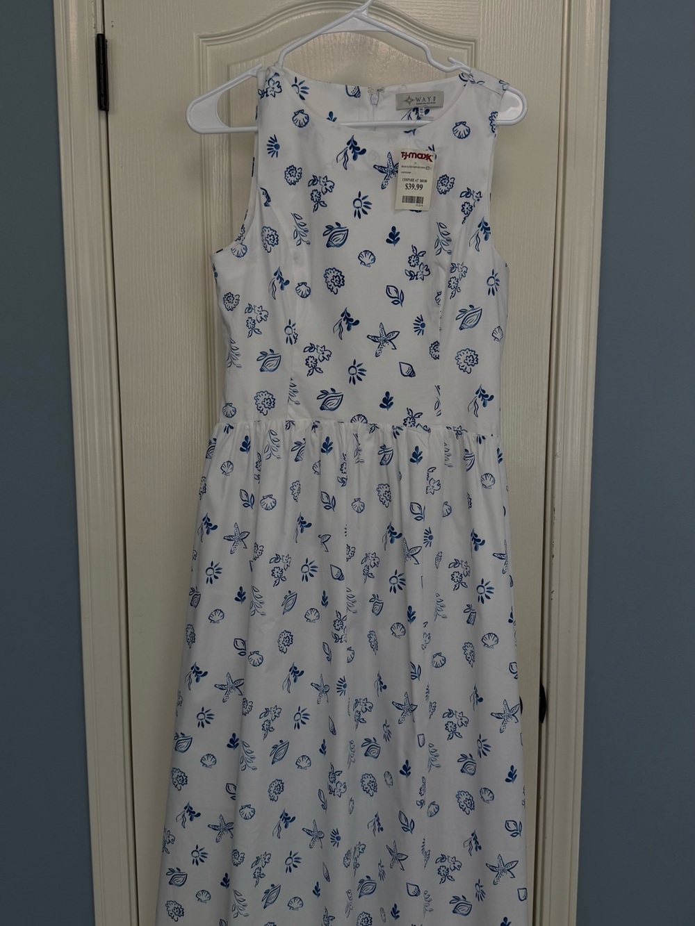 Wayf White Dress with Blue Seashell Print